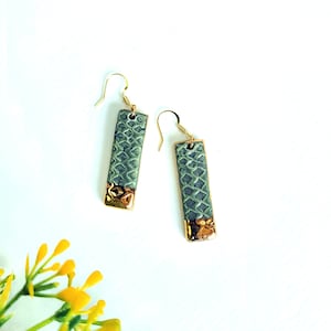 Handmade Porcelain Dangle Earrings: Green Snake Pattern, 18k Gold Hooks