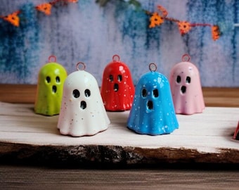 Set of 5 Colorful Ceramic Ghost Ornaments – Handmade Halloween Hanging Decorations