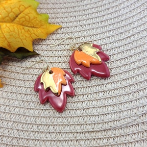 Handmade Porcelain Dangle Earrings Leaves Shape with 22k Real Gold Glaze and 18K Gold Plated Hooks