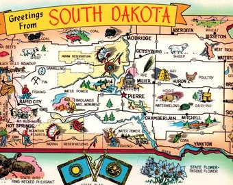 Vintage Postcard, Chrome, South Dakota, Map, Cities and Towns