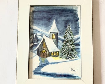 Aquarell gerahmt Kapelle im Schnee in den Bergen Mitbringsel Weihnachtsshop Raumdeko Weihnachtsdeko Adventsdekoration Indigo Dekoration