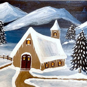 Postkarte Gemälde handgemalt Kapelle im Schnee Originalgemälde Kirche Landschaft Acryl Weihnachtskarte schneebedeckt Winterlich Weihnachten
