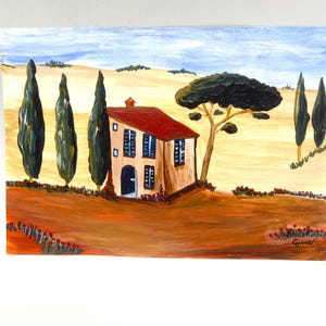 Toskana modern handgemalt Landhaus Originalgemälde Mohn Landschaft Italien Toscana Postkarte Sonnenaufgang Wanddeko Acryl Sommer Urlaub Bild
