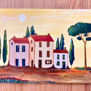 Häuserreihe i.d. Toskana handgemalt Landhaus Originalgemälde Crete Mohn  Landschaft Italien Toscana Postkarte Sonnenaufgang Wanddeko Acryl