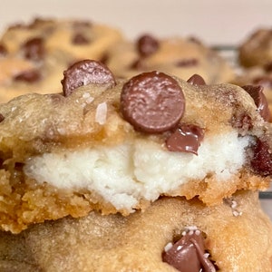 Cream cheese stuffed chocolate chip cookies, cheesecake stuffed chocolate chip cookies. Cookie gift idea, 1 dozen