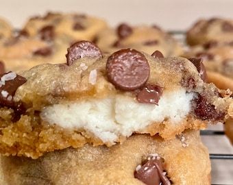 Cream cheese stuffed chocolate chip cookies, cheesecake stuffed chocolate chip cookies. Cookie gift idea, 1 dozen