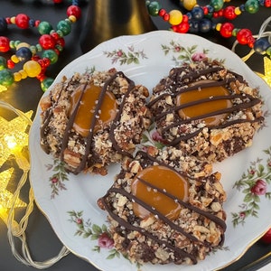 The ultimate turtle cookie, chocolate pecan and caramel cookie, chocolate thumbprint cookie, cookie exchange, 1 dozen