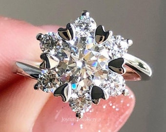 1.49TW Round Cut Moissanite Floral Style Engagement Ring, Heart Shape Prong Ring, Unique Designer Seven Stone Cluster Halo Wedding Ring