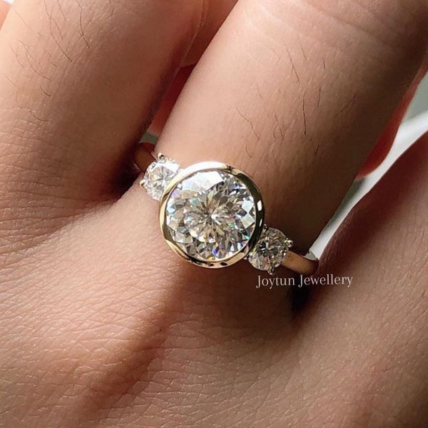 1.60 CT Round Portuguese Cut Moissanite Bezel Set Engagement Ring, Gold Three Stone Wedding Gift, Propose Ring For Women, Handmade Jewelry