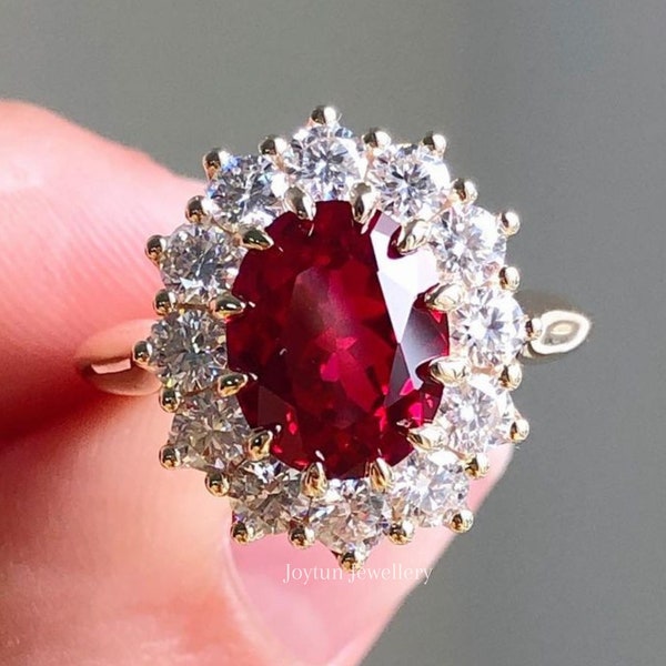 Simulated 2.00Ct Ruby Red Oval Cut Halo Wedding Gift Ring, Anniversary Ring For Women, Unique Bridesmaid Gift, Unique Birthstone Ring