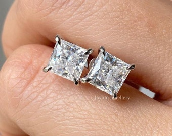 Moissanite 4.00 TW Princess Cut Stud Earrings, 14K White Gold Dainty Screw Back Earring For Her,Princess Solitaire Studs Party Wear Earrings