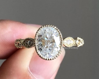 1.90 CT Oval Moissanite Art Deco Milgrain Engagement Ring, Bezel Setting Anniversary Gift Ring, 14K Gold Promise Ring For Her Birthday Gift