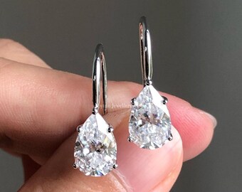 2.66 TW Pear Cut Moissanite Engagement Earrings, Solitaire Dangle Drop Custom Earrings, Birthday Gift Drop Customized Earrings Gift For Her