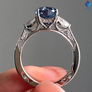2CT Oval Cut Royal Blue Moissanite Engagement Gift Ring, With Side Pear Cut & Hidden Halo Anniversary Gift Ring, Milgrain Art Deco Ring