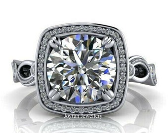 Round Cut Art Deco Wedding Ring, 1.60 CT Round Cut Colorless Moissanite Halo Engagement Ring, Milgrain Set Wedding Ring, Ring for Women