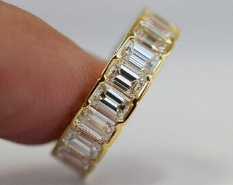 Emerald Cut Moissanite Diamond Full Eternity Band, Wedding Band For Bride, Half-Bezel Set Eternity Band, 14K Yellow Gold Engagement Band