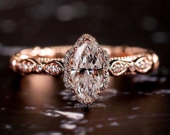 1.00 CT Marquise Cut Moissanite Diamond Wedding Gift Ring, Dainty 14K Rose Gold Filigree Engagement Ring, Art Deco Milgrain Anniversary Ring