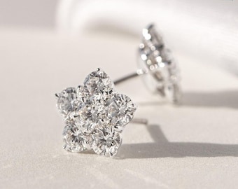 2.00CTW Round Cut Moissanite Flower Style Stud Earrings, 14K Solid White Gold Cluster Wedding Push Back Earrings, Unique Stud Gift For Women