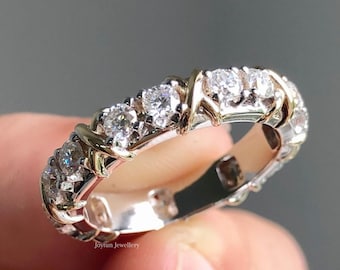 2.56CT Round Cut Moissanite Engagement Band, Two Tone Dainty Anniversary Gift, Criss Cross Proposal Gift Band For Her, Unique Wedding Band