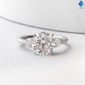 2.00Carat Round Cut Moissanite Three Stone Engagement Ring, 14K White Gold Anniversary Rings For Women, Unique Bridal Proposal Gift For Her