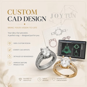 Könnte beinhalten: Eine Werbegrafik für einen CAD-Design-Service mit einem Computermonitor, der 3D-Ring-Schemata anzeigt, einem grauen Drahtgittermodell eines Rings und einem fertigen Goldring mit ovalem Mittelstein auf hellem Hintergrund.