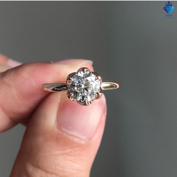 1.10 CT Round Moissanite Engagement Ring, 14K Rose Gold Tulip Setting Unique Bezel Setting Promise Ring Anniversary Gift, Custom Bridal Ring