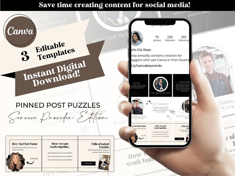 Instagram Pinned Posts Canva Templates für Dienstleister, IG Pinned Post Puzzle Templates, Editierbare Pinned Posts für Social Media Bild 1