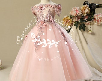 3D Flowers Pink Wedding Girl Dress Floral Lace Applique Flower Girl Dress Ball Gown Girl Dress Prom Dress Princess Dress Off shoulder Dress