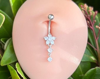 Belly Button Piercing Ring, Belly Dance Dangle Ring, Stainless Steel Belly Button Ring, Flower Shape Belly Button Ring, Navel Piercing