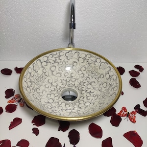 Brass rim lotus flower handmade vessel sink, high quality romantic vessel sink- white and black sink