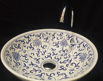 Best of Lotus flower Handcrafted and handpainted Moroccan Floral Vessel Sink-counter top vessel bowl sink- Bleu Lotus flower vessel sink