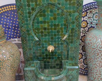 Emerald green Tamgrout top High quality Custom Mosaic Fountain for Outdoor and Indoor, Mid Century wall Fountain , Moroccan Mosaic Fountain