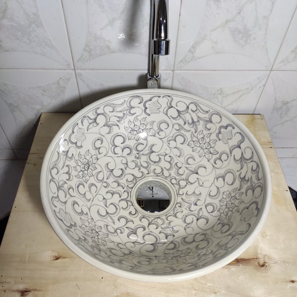lotus flower Moroccan hand painted vessel sink  - Bathroom washbasin - Flower vessel sink handcrafted -counter top,undermounted basin sink
