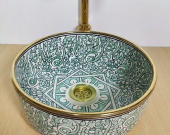 Lavabo en or 14 carats tendance vert fait main-vasque à poser -Lavage à la main-lavabo marocain-lavabo vert-lavabo original