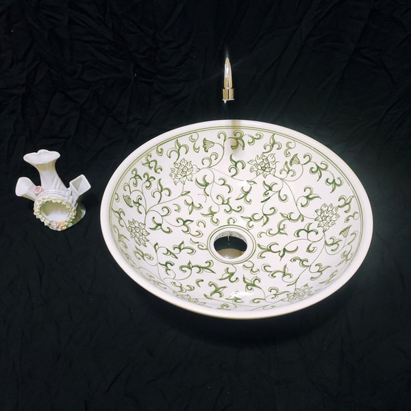 lotus flower Emerald Green vessel sink for bathroom - handmade and hand painted sink