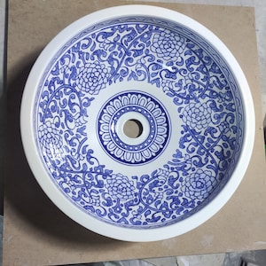 Bathroom vessel sink - basin ceramic 100% handmade bleu floral design- modern bathroom- mid century modern Flair