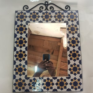 Handmade Moroccan Mosaic Mirror: Blue & Yellow Wall Decor (16.9 x 13.9 Inches)