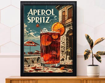 Arte de pared retro de Aperol Spritz, descarga digital, póster de cóctel vintage, impresión vibrante de bar italiano para decoración del hogar, bebida de verano I Ai