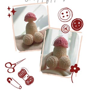 May include: A crocheted fidget toy shaped like a mushroom with a pink cap and a beige stem and balls. The text "Crochet Fidget Penis" is at the top of the image. The image also includes illustrations of buttons, scissors, yarn, and a safety pin.