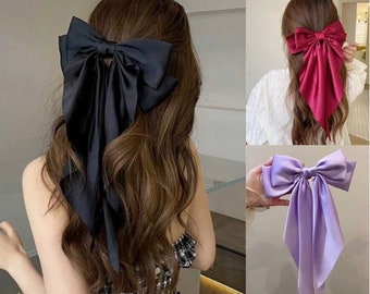 Women Big Bowknot Stain Bow Barrettes Clip, Ponytail Clip Hair Accessories, Bow Hairpin, Long Tail Clip For Weddings And Everyday Wear