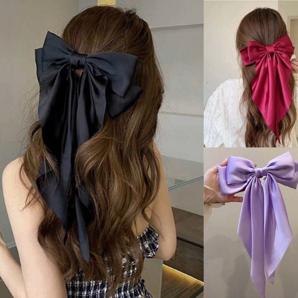 Women Big Bowknot Stain Bow Barrettes Clip, Ponytail Clip Hair Accessories, Bow Hairpin, Long Tail Clip For Weddings And Everyday Wear