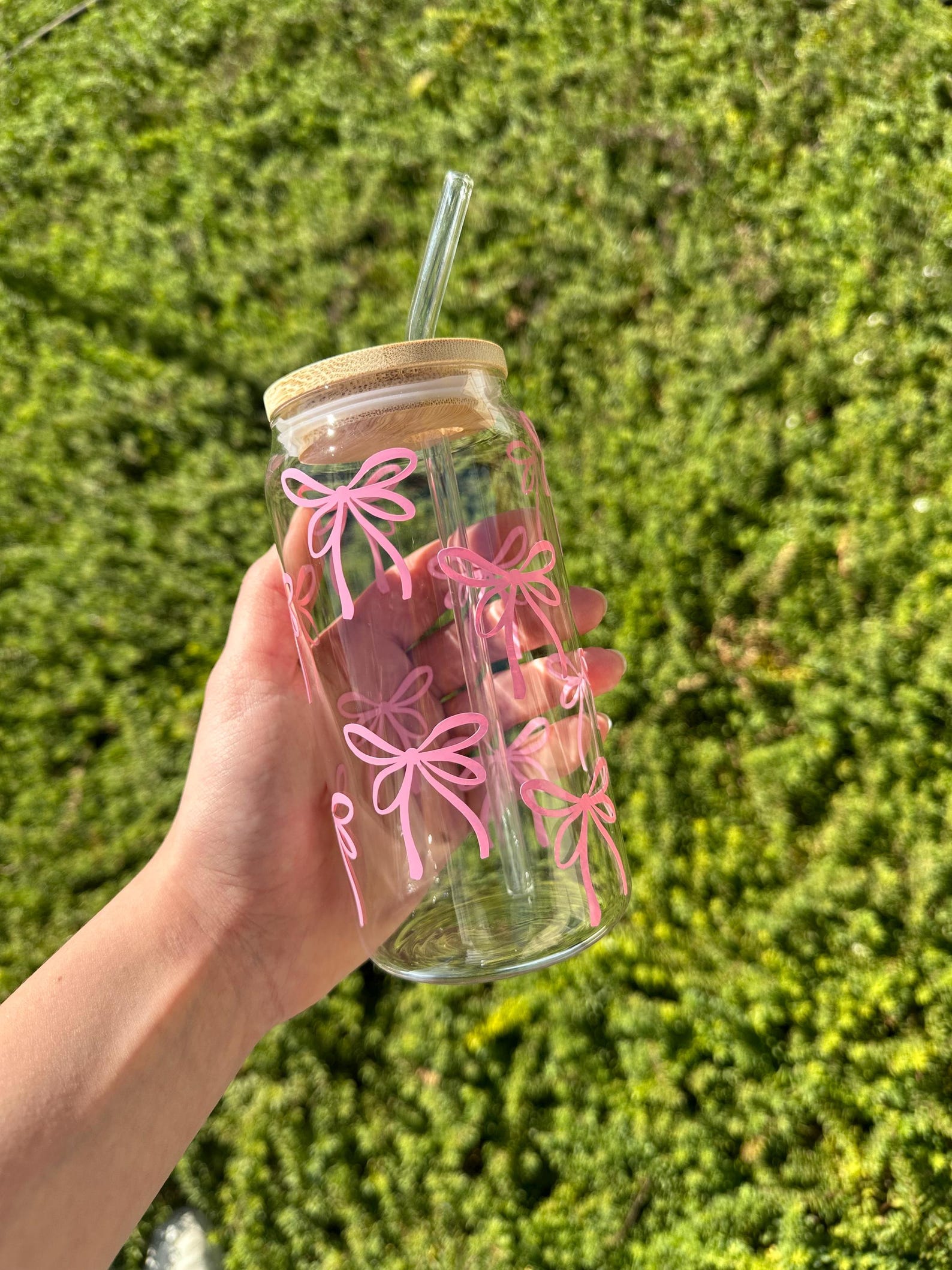 Pink Bow Glass Cup, Glass With Lid and Straw, Colorful Boho Floral ...