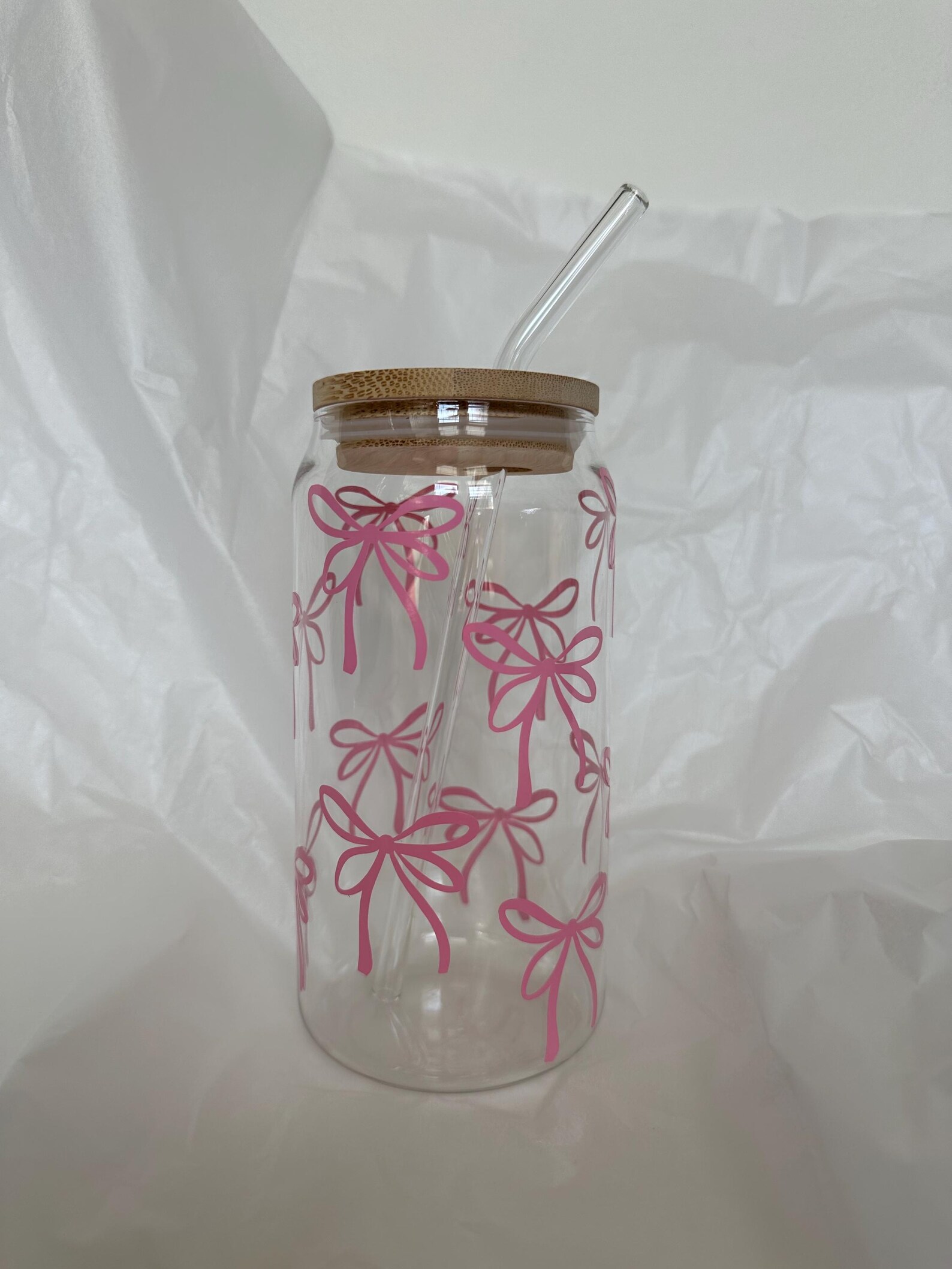 Pink Bow Glass Cup, Glass With Lid and Straw, Colorful Boho Floral ...