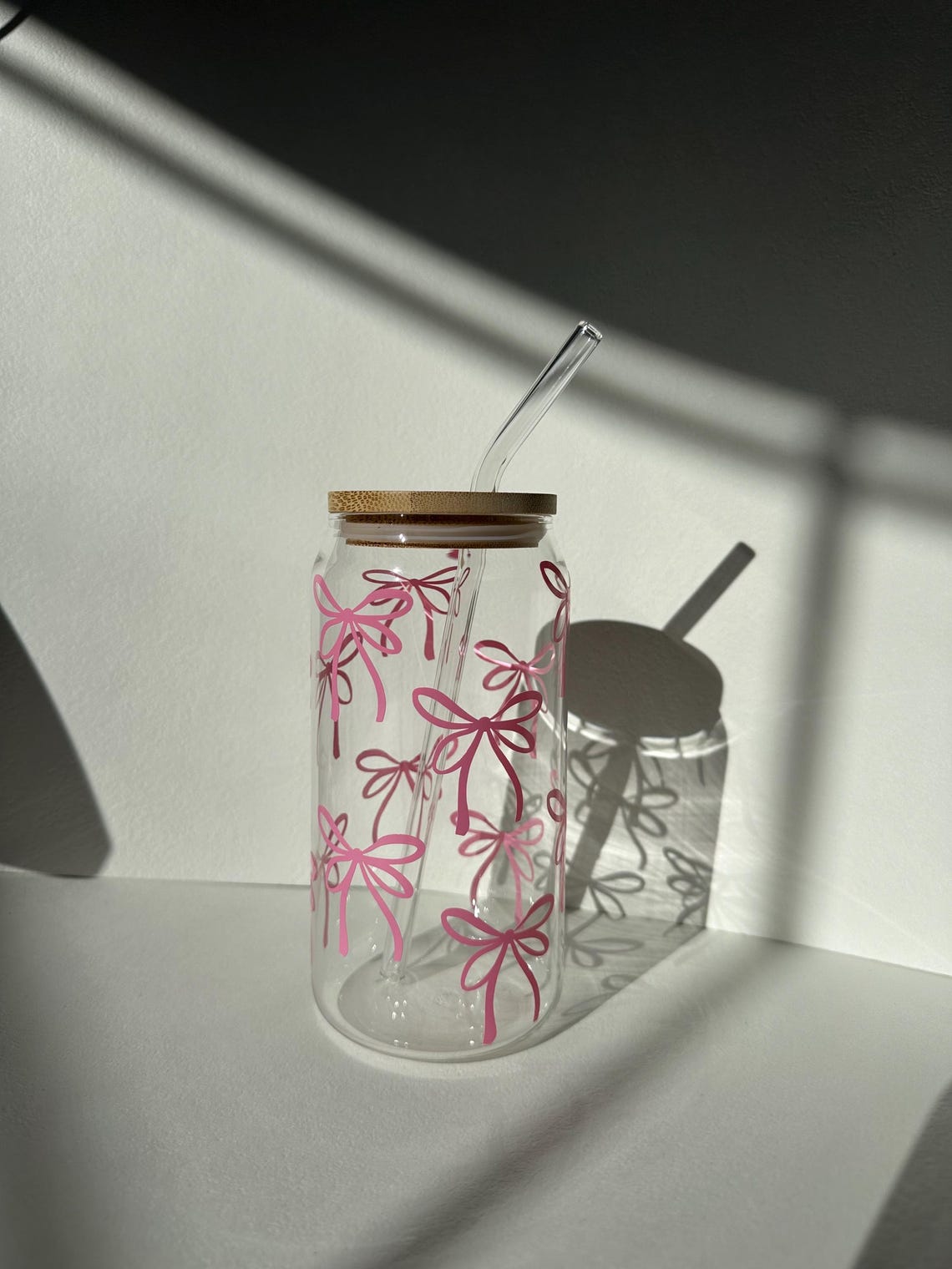 Pink Bow Glass Cup, Glass With Lid and Straw, Colorful Boho Floral ...