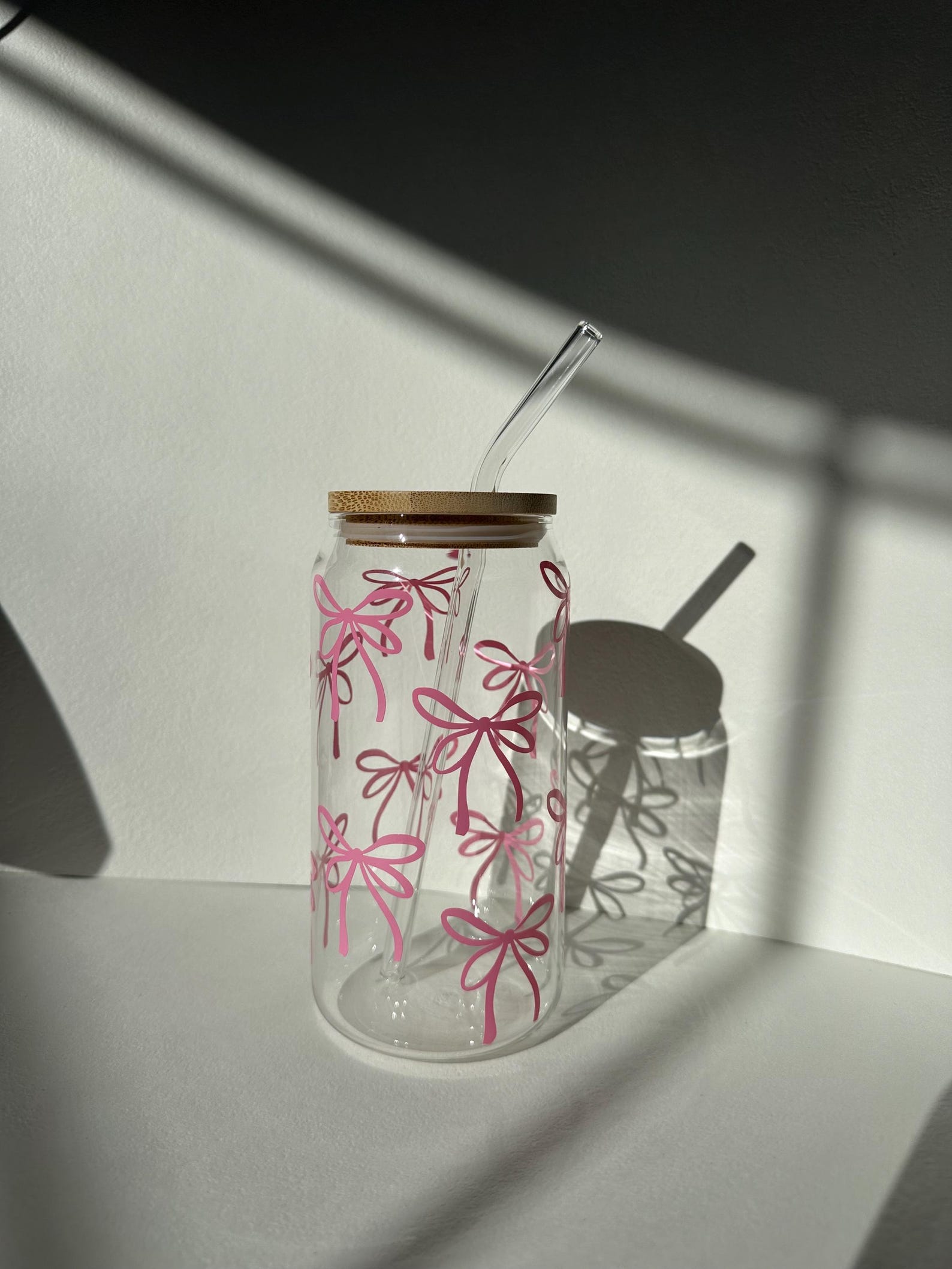 Pink Bow Glass Cup, Glass With Lid and Straw, Colorful Boho Floral ...