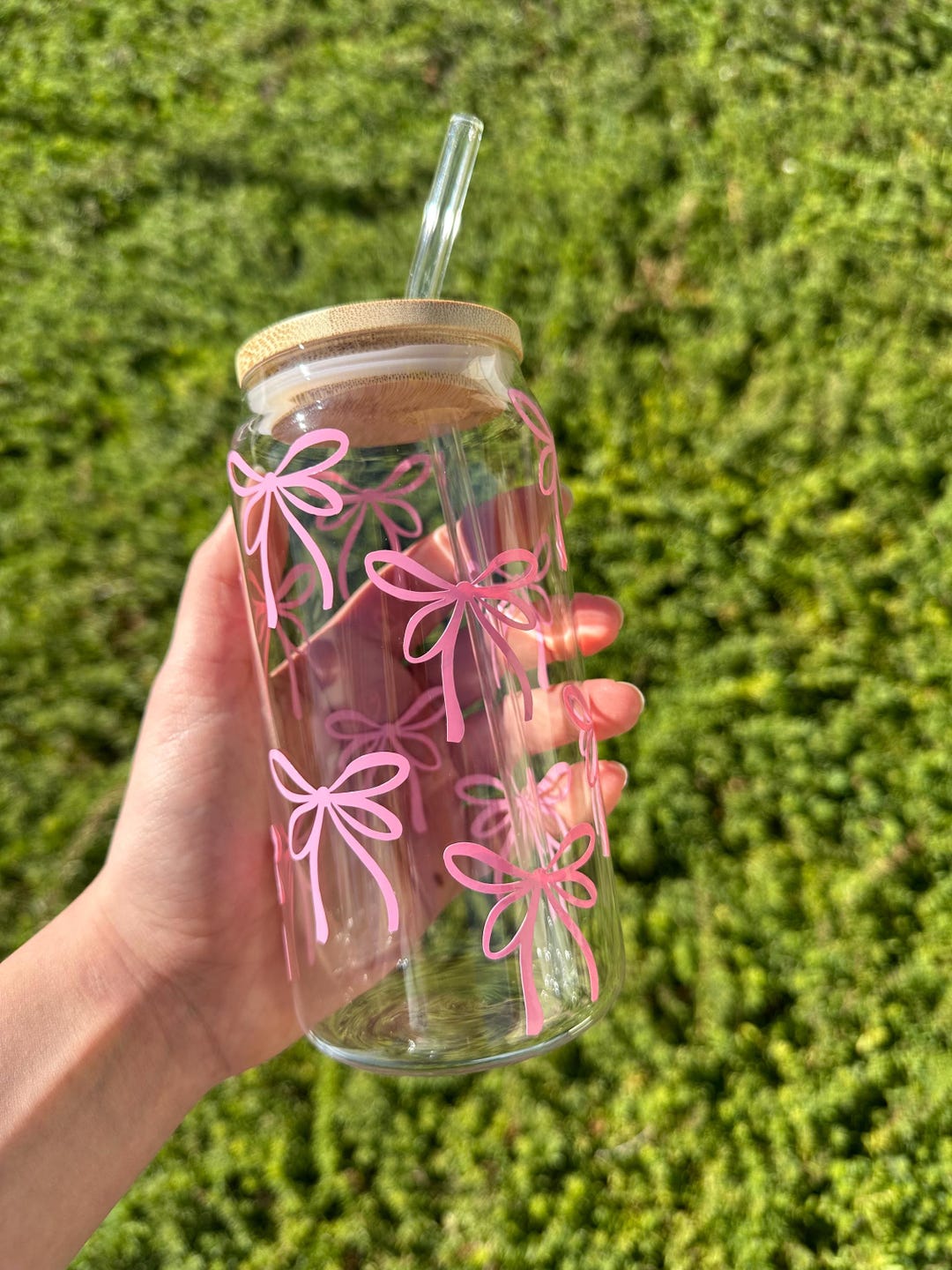 Pink Bow Glass Cup, Glass With Lid and Straw, Colorful Boho Floral ...