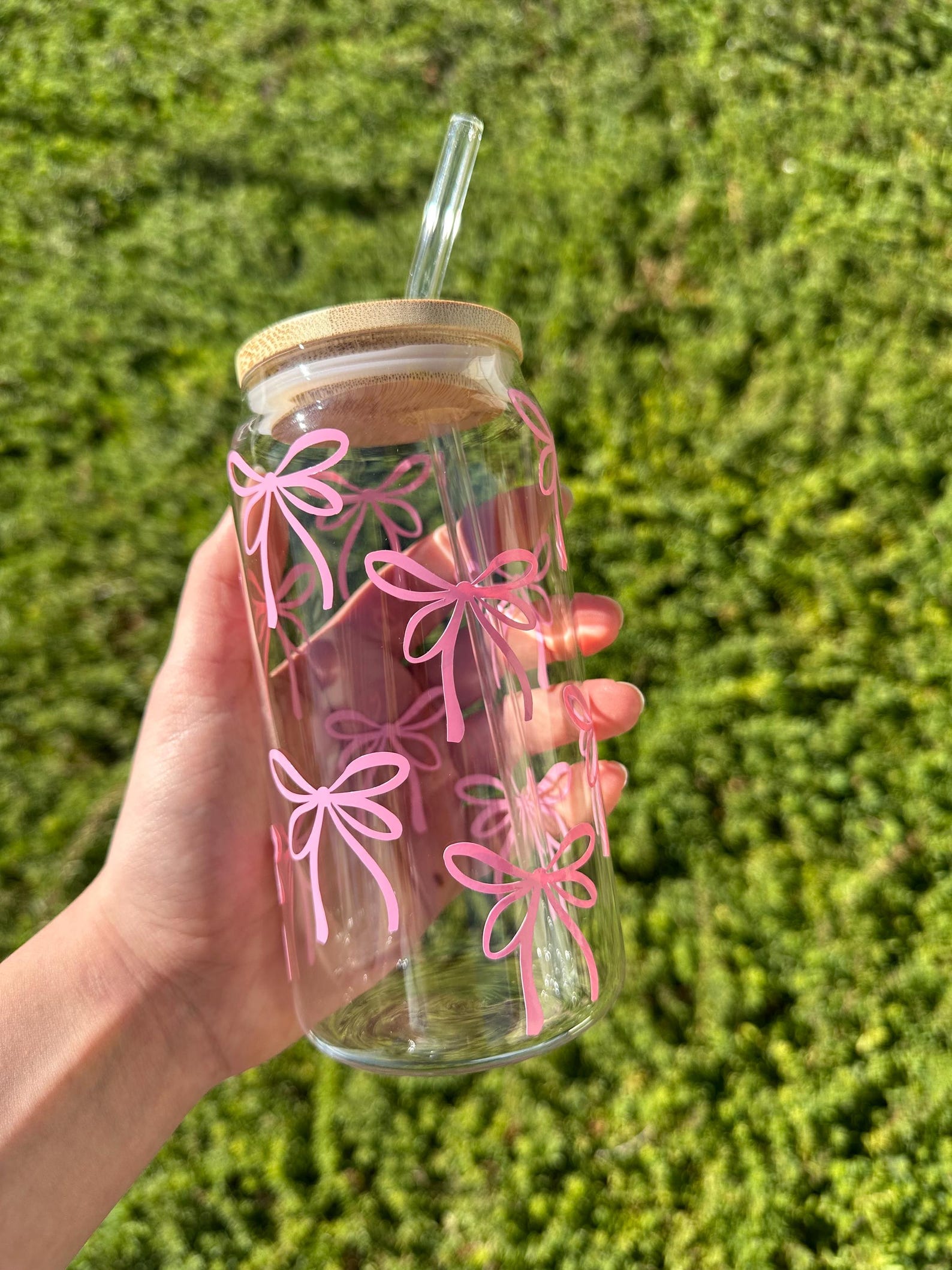 Pink Bow Glass Cup, Glass With Lid and Straw, Colorful Boho Floral ...