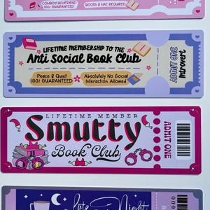 Ticket Book Club Bookmark// Bookmark Ticket// Booktok Gift For Book Lover// Book Club Gift// Romance/Thriller/Fantasy/Smutty Book Marks