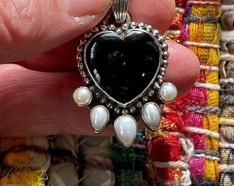 Vintage Dan Dodson Onyx and Pearl Sterling Silver Heart Pendant