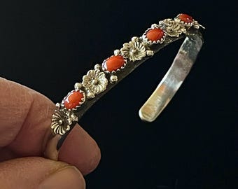 Vintage Navajo Judy Largo Mediterranean Coral Floral Cuff Bracelet